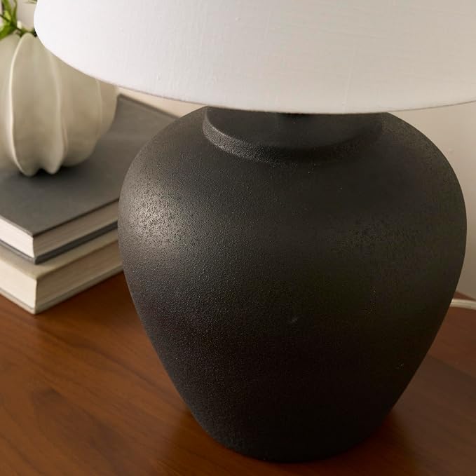 Nourison Home 20" Black Matte Ceramic Table Lamp with Fabric Shade, Bedside Nightstand Lamp for Bedroom, Living Room, Entryway