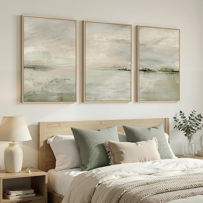 Large Framed Sage Green Abstract Landscape Wall Art for Living Room, 24x36 | Nature pictures, Canvas prints, Wood frame, 3 Piece Modern minimalist paintings, Wall decor for hallway dining bedroom office