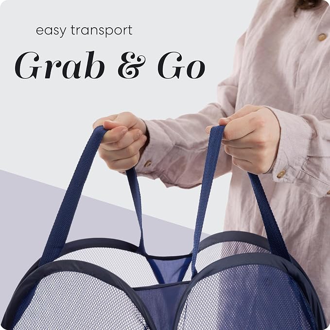 Handy Laundry Collapsible Mesh Foldable Hamper 14" x 14' x 24" Navy Blue | Collapsible Mesh Pop Up Hamper, Wide Opening, Side Pocket, Breathable, Sturdy, Foldable, Space-Saving for Clothes Storage
