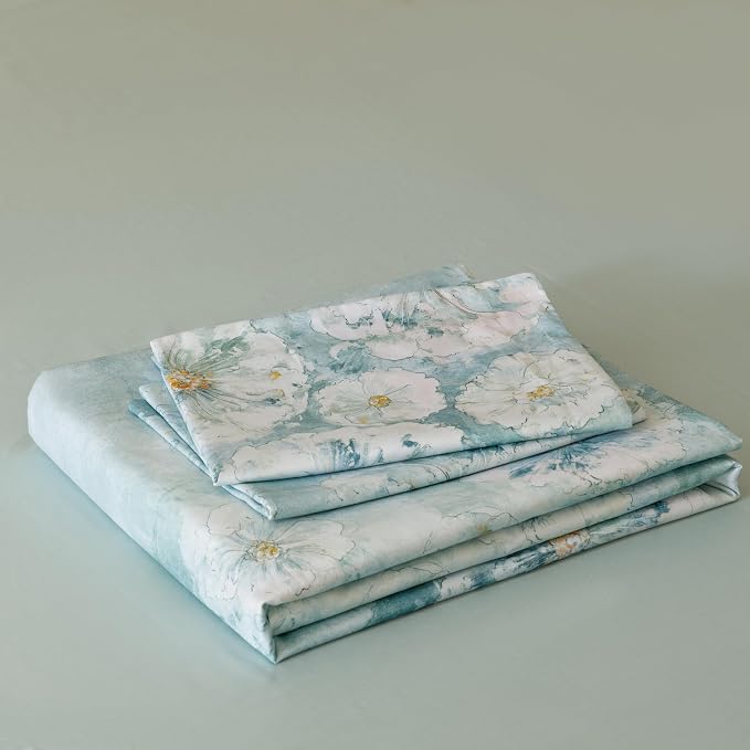 HeimenAogo Egyptian Cotton Duvet Cover Queen Size Sateen Weave, Silky Soft Duvet Cover with Zipper Closure, Long Staple Cotton Bed Linen Watercolor Floral 3 Pcs