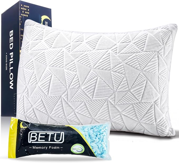 BETU Cooling Pillow Queen Size, Shredded Memory Foam Pillow for Hot Sleepers, Adjustable Firm Soft Support Pillows, Cool Bed Pillows for Side Back Stomach Sleeping Sleepers, gifts for boyfriend, White
