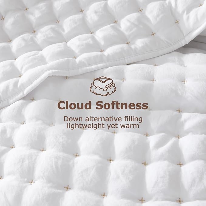 WDCOZY White Queen Size Quilt Bedding Sets with Pillow Shams, Lightweight Soft Bedspread Coverlet, Quilted Blanket Thin Comforter Bed Cover, All Season Summer Spring, 3 Pieces, 90x90 inches