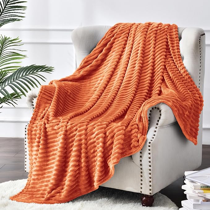 BEDELITE Ribbed Burt Orange Fleece Twin Fall Throw Blanket for Couch, 60x80 | Soft Warm Fluffy Blanket for Bed Sofa College Dorm Room Fall Decor, Luxury Cozy Birthday Gifts for Women Girls, Lightweight