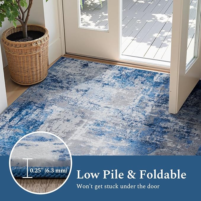 Rugflix 8x10 Area Rugs for Living Room, Washable Blue Grey Large Rug | Machine Washable; Stain-Resistant; Low Pile; Non-Slip; Modern Abstract; Carpet for Bedroom Dining Office Nursery Home