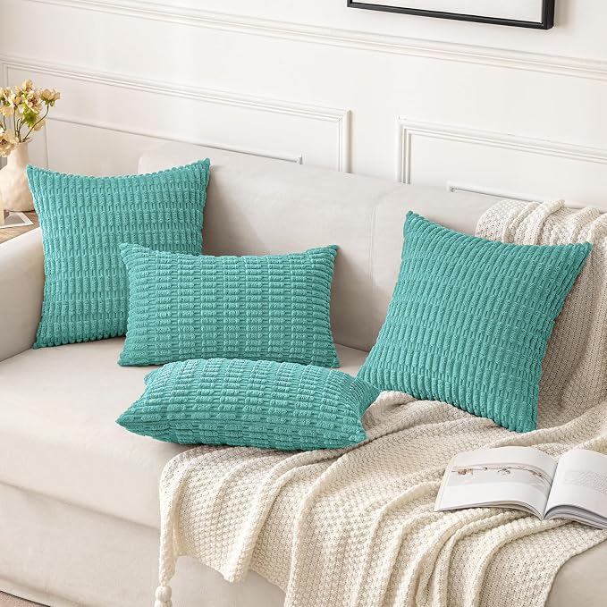 MIULEE Corduroy Decorative Throw Pillow Covers 20x20 Aqua Green Pack of 2 | Soft Boho Striped Pillow Covers Modern Farmhouse Home Decor For Sofa Living Room Couch Bed