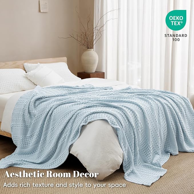 PHF Lightweight 100% Cotton Waffle Blanket for Bed, King, Sky Blue | Pre-Washed Soft Cotton Comfort, Breathable Layering Warmth for Fall & Winter, Bed, Sofa, Couch, Home Decor & Gifts