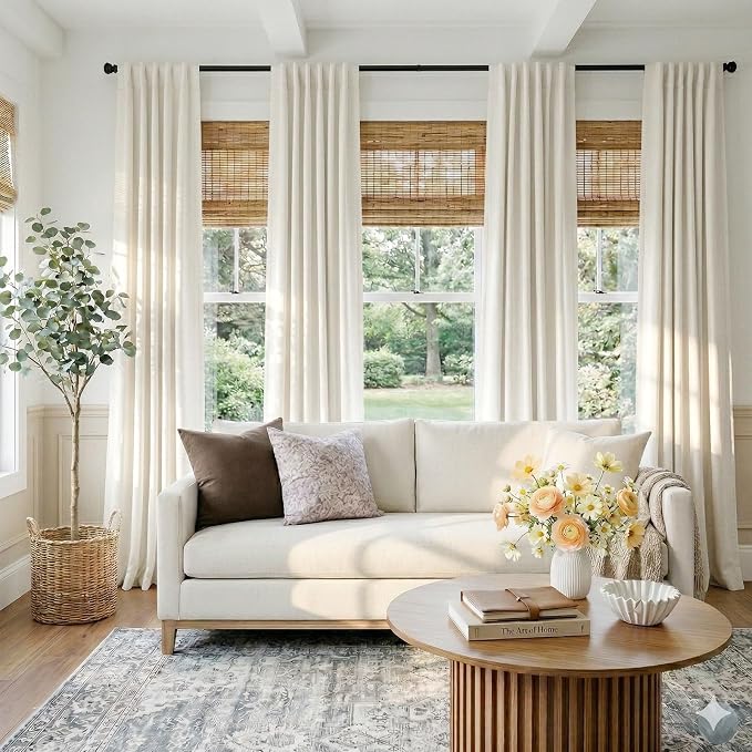 Faux Linen Total Blackout Curtains for Bedroom 102 Inches Long Beige White | 100% Blackout Shield, Back Tab/Rod Pocket Living Room Drapes, Thermal Insulated Blackout Curtains 2 Panels Set, 50"W x 102"L