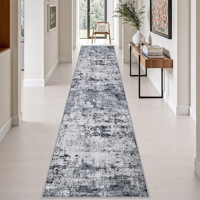 2.6x14 Washable Runner Rug:Modern Abstract Indoor Soft Carpet Grey | For Hallway, Bedroom, Kitchen, Laundry, Bathroom,Door Mat,Modern Abstract,Machine washable,Non-Slip,Stain Resistant,Indoor