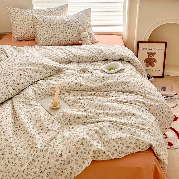 mixinni Boho Floral Girls Duvet Cover Set Twin Size Soft Cotton Comforter Cover Set Farmhouse Shabby Chic Flower Duver Cover for Women, 1 Cute Floral Duver Cover and 2 Pillowcases for All Seasons