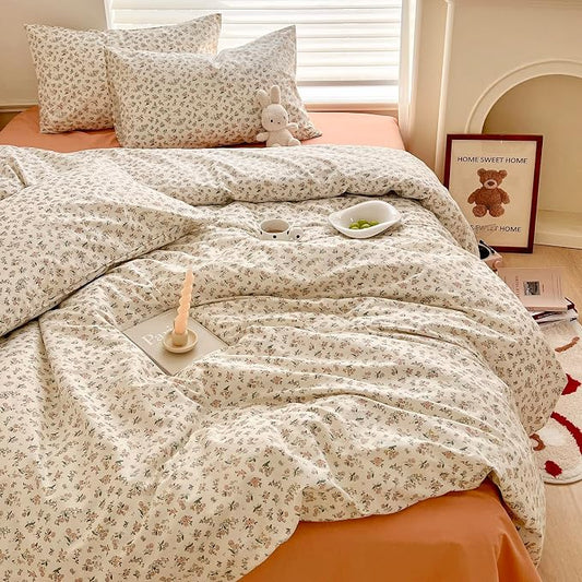 mixinni Boho Floral Girls Duvet Cover Set King Size Soft Cotton Comforter Cover Set Farmhouse Shabby Chic Flower Duver Cover for Women, 1 Cute Floral Duver Cover and 2 Pillowcases for All Seasons