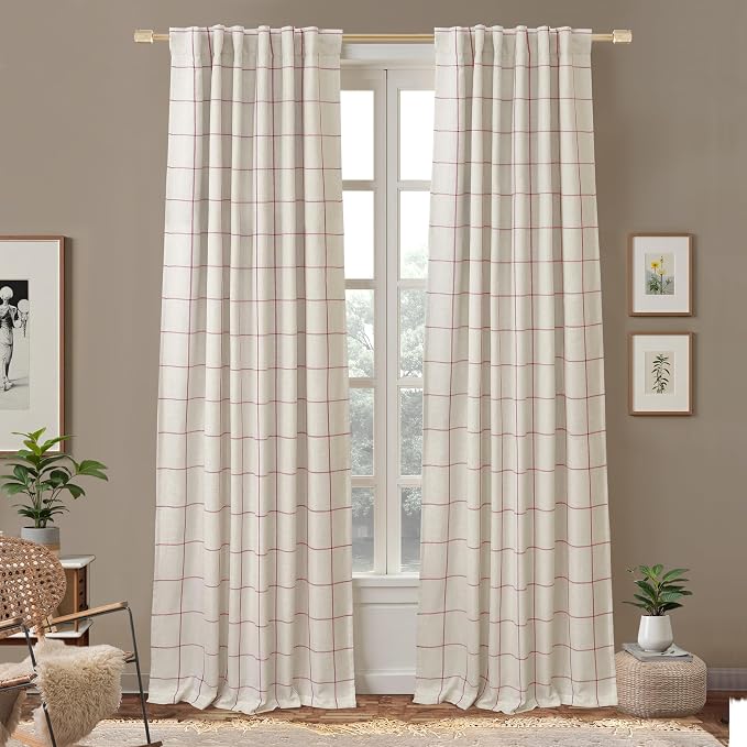 DriftAway 100% Blackout Plaid Linen Curtains 102 Inches Long 2 Panels Red | 100% Blackout, Linen Texture, Plaid Pattern, Two Layers, Rod Pocket & Back Tab, Bedroom Living Room Use, Luxury Appearance