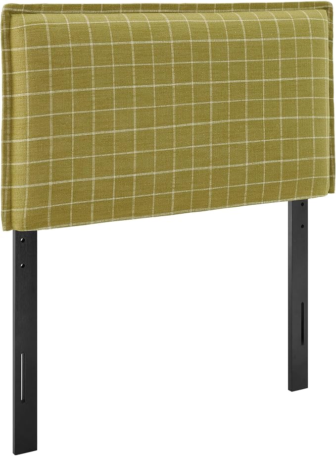 Modway Camille Twin Size Checkered Linen Blend Plaid Headboard with Removable Slipcover – in Artichoke Windowpane Check - Padded Pillow Style Headboard with Adjustable Mounting for Twin Beds