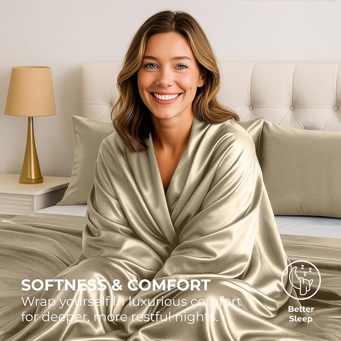 Satin Sheets Queen [4-Piece, Champagne Gold] Hotel Luxury Silky Bed Sheets - Extra Soft 1800 Microfiber Sheet Set, Wrinkle, Fade, Stain Resistant - Deep Pocket Fitted Sheet, Flat Sheet, Pillow Cases