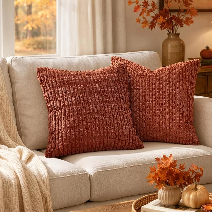 MIULEE Fall Euro Sham Decorative Throw Pillow Covers 26x26 Rust Pack of 2 | Terracotta Soft Corduroy Boho Striped Pillow Covers Modern Farmhouse Autumn Home Decor For Sofa Living Room Couch Bed