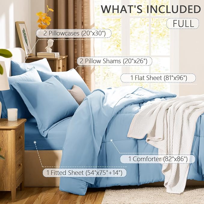 Full Size Comforter Sets, 7-Piece Bed in a Bag, Baby Blue | OEKO-TEX Certified, Box-Stitched Design, 240 GSM Down Alternative Fill, All-Season Comfort, Sheets, Pillowcases & Shams