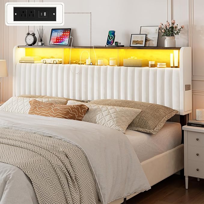 IKIFLY California King Storage Headboard Only, Adjustable Height, White | Velvet Upholstered Cal King Head Board with LED Lights & Charging Station, Easy Assembly, Modern Freestanding Headboard