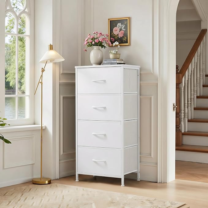 4 Drawers Dresser for Bedroom Fabric Storage Tower with Wooden Top | Steel Frame Tall Chest of Drawers for Closet, Entryway, Dorm, White