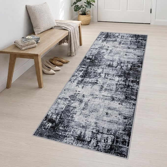3x10 Washable Runner Rug：Modern Abstract Soft Carpet Dark Black | For Hallway, Bedroom, Kitchen, Laundry, Bathroom,Door Mat,Modern Abstract,Machine washable,Non-Slip,Stain Resistant,Indoor