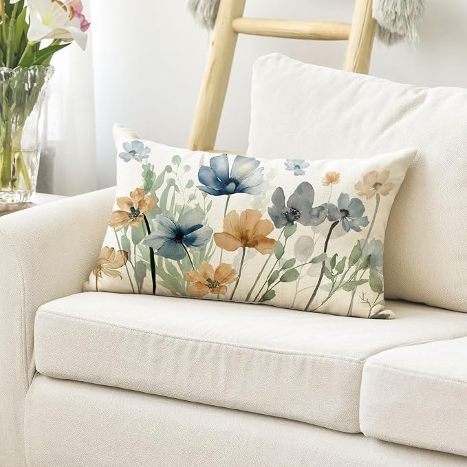 AVOIN colorlife Chinoiserie Poppy Flowers Throw Pillow Cover 12x20 Inch | Light Brown Blue Seasonal Leaves Cushion Case Decoration for Sofa Couch Farmhouse