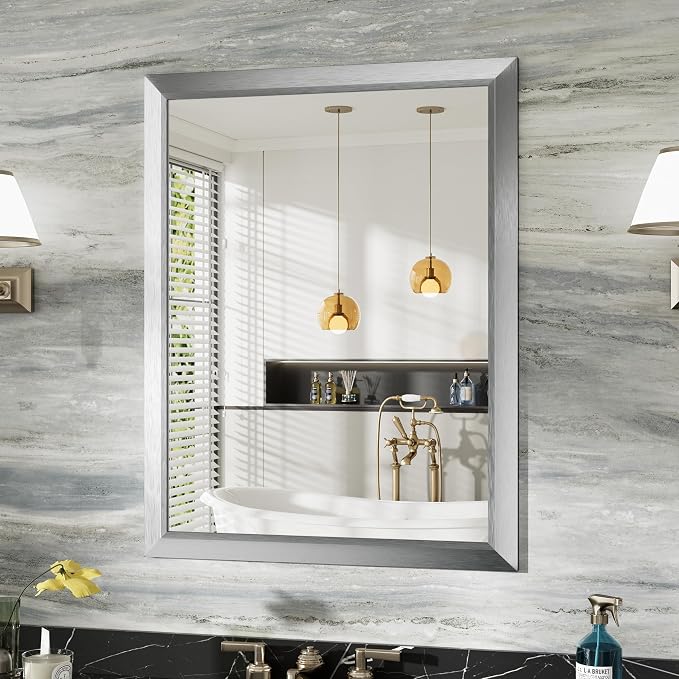 Bathroom Wall Mirror, Silver Brushed Nickel Metal Frame, 28x36 Inch | Anti-rust, HD tempered glass, for bathroom vanity, bedroom, living room, horizontal or vertical mount