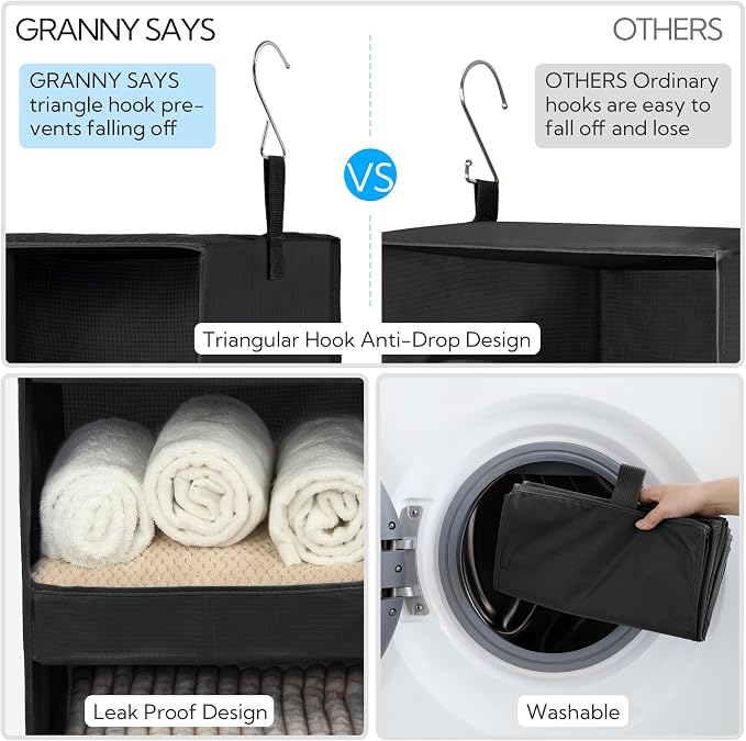 GRANNY SAYS 3-Shelf Hanging Closet Organizer, Foldable Storage, Black | 33 lb Capacity, No-Sag Support, Keeps Clothes Neat, Folds Flat, Fits RV, Dorm & Small Closets, 2 Pack