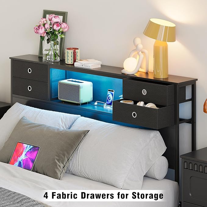 GiftGo Queen Size Headboard with 4 Fabric Storage Drawers Charging Station LED Light Adjustable Height Storage Rack Sturdy and Stable Metal Frame & Wood Shelf (Black, Queen (U.S. Standard))