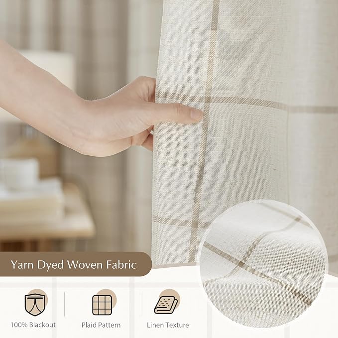 DriftAway 100% Blackout Plaid Linen Curtains 63 Inches Long 2 Panels Taupe | 100% Blackout, Linen Texture, Plaid Pattern, Two Layers, Rod Pocket & Back Tab, Bedroom Living Room Use, Luxury Appearance