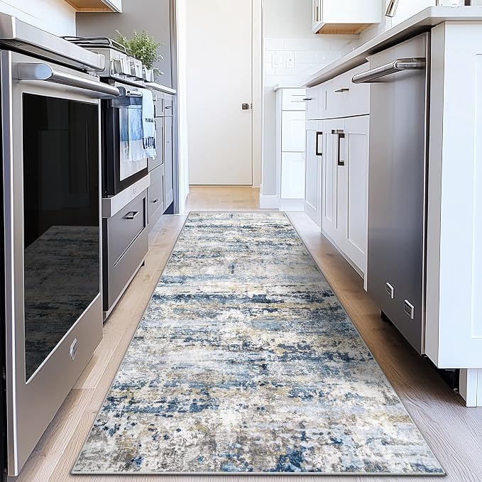 pmtsns Area Rugs 2x8 Runner Rug: Washable Hallway Rug Modern Abstract Neutral Soft Non-Slip Low-Pile Indoor Carpet for Kitchen Bedside Entrance Laundry (Blue Grey Brown, 2'x8')