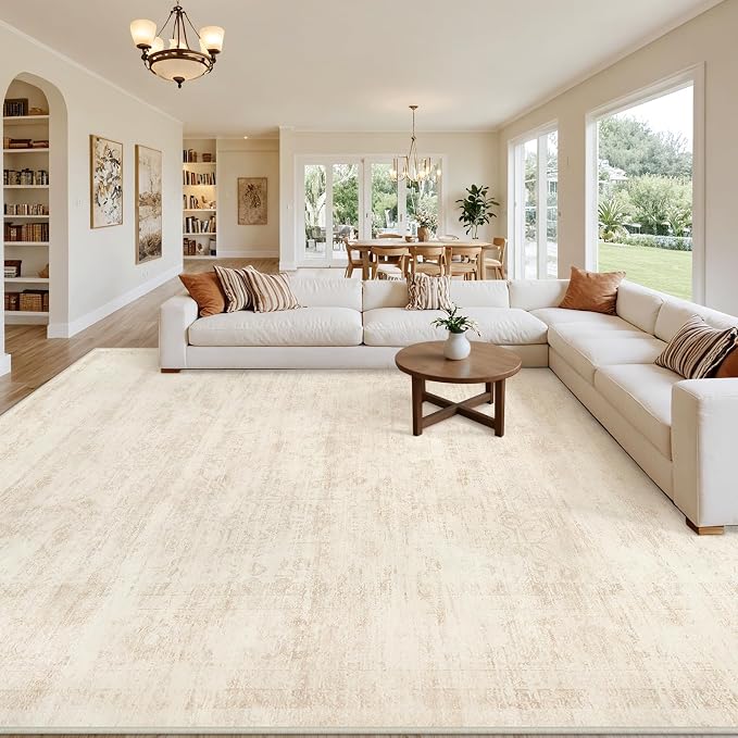 Area Rugs 9x12 Living Room: Bedroom Washable Carpet Retro Beige | Large Vintage Boho Indoor Decor Neutral Soft Nursery Farmhouse Dining Room Office Floor Non-Slip Low Pile Under Table Rug