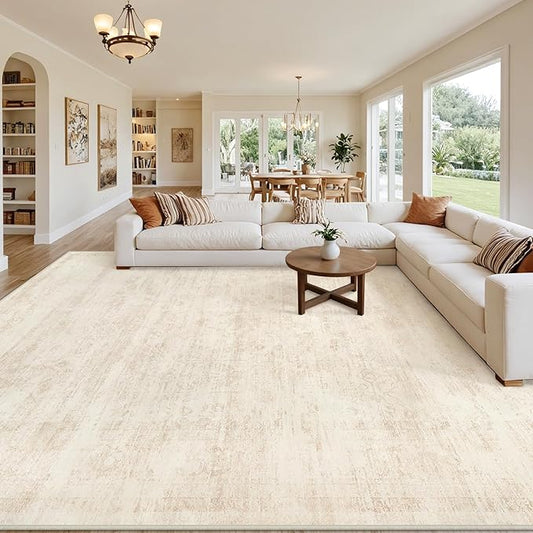 10x14 Area Rugs Living Room: Bedroom Washable Carpet Retro Beige | Large Vintage Boho Indoor Decor Neutral Soft Nursery Farmhouse Dining Room Office Floor Non-Slip Low Pile Under Table Rug