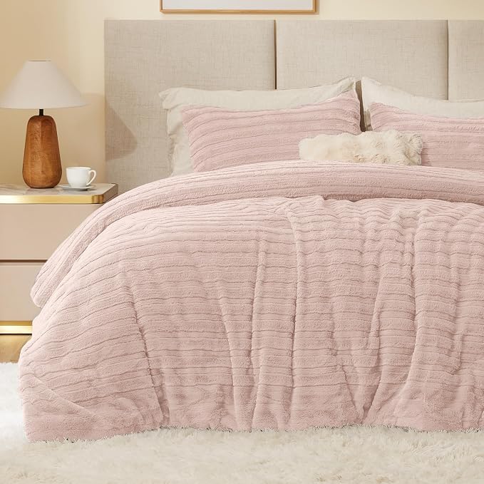 BEDELITE Faux Fur King Size Comforter Set, Fluffy Bed Set, Pink | Super Soft & Warm, Luxury Fuzzy Cozy Comforter for Winter, Heavy Plush Bed set, with 2 Pillowcases