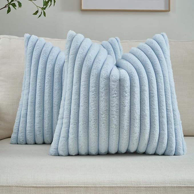 FUTEI Pack of 2 Faux Fur Throw Pillow Covers 18x18 Inch, Light Blue | Fluffy Faux Rabbit Fur Front/Premium Velvet Back,Hidden Zipper,Machine Washable,Non-Shedding,Colorfast,Insert Not Included.