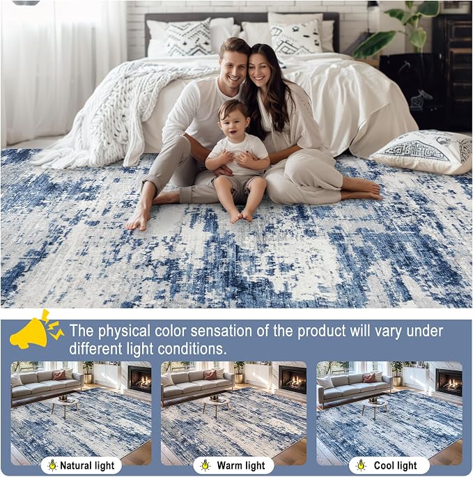 PLHXFR 8x10 Area Rug Living Room: Abstract Washable Carpet Blue Gray | For Bedroom Dining Room Farmhouse Nursery Home,Machine washable,Non Slip,Large Soft Neutral,Stain Resistant, Indoor Floor