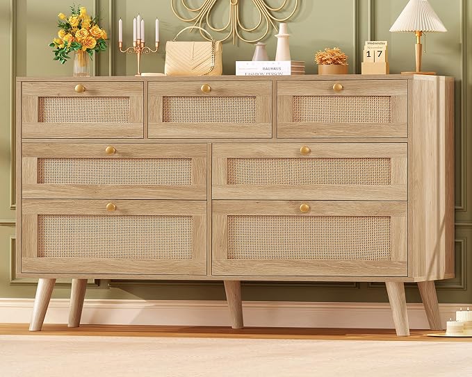 TEENFON Dresser for Bedroom, 47.2''Wide 7 Drawer Rattan Dresser, Wood Dressers TV Stand, Boho Dressers & Chests of Drawers for Bedroom, Entryway, Natural