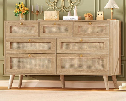 TEENFON Dresser for Bedroom, 47.2''Wide 7 Drawer Rattan Dresser, Wood Dressers TV Stand, Boho Dressers & Chests of Drawers for Bedroom, Entryway, Natural