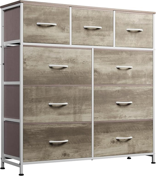 WLIVE Tall Dresser for Bedroom, 9 Drawer Chest of Drawers, Greige | 9 roomy fabric drawers, Tall storage design, Bedroom or closet use, Sturdy steel frame, Smooth wood tabletop