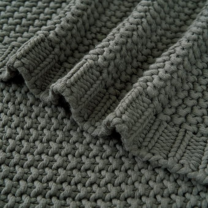 Chunky Cable Knit Throw Blanket Lightweight Grey 100% Organic Cotton Blanket for Sofa Couch Bed Baby Nursery, Rustic Shabby Chic Modern Farmhouse, Gray 60” x 80” Give Laundering Bag