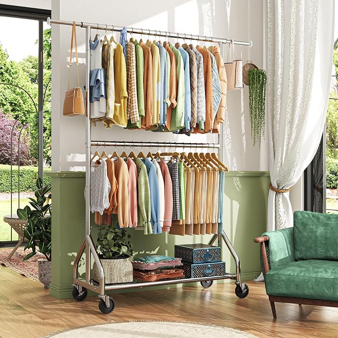 Simple Trending Double Rod Clothing Rack, Heavy Duty Clothes Rack, Chrome | Extendable Garment Rack, Freestanding Portable Closet with Wheels & Shelf, Adjustable Middle Rod, for Bedroom, Laundry