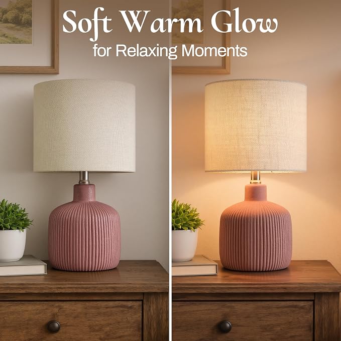 Ceramic Table Lamp, 17.75" Rustic Farmhouse Bedside Lamp with Beige Linen Shade, Warm Ambient Nightstand Lighting for Bedroom or Living Room, Painted Terra