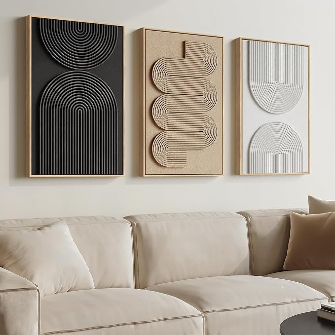 Framed Boho Abstract Wall Art Set, 3 Piece Modern 3D Artwork, 16x24 In | Solid wood frame, Textured paintings, Neutral black white brown geometric sculpture, Bedroom dining room office wall decor