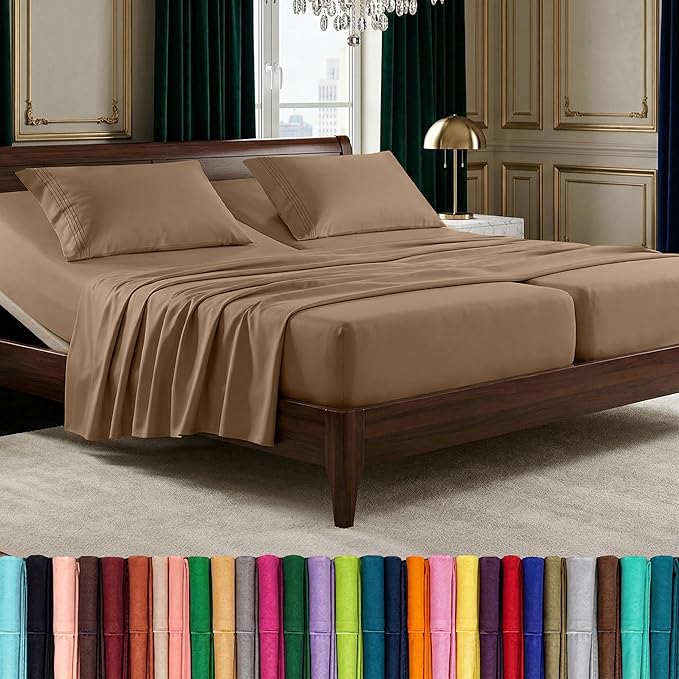 Elegant Comfort Luxurious 1500 Premium Hotel Quality Microfiber Three Line Embroidered Softest 5-Piece Bed Sheet Set, Wrinkle and Fade Resistant, Split King, Taupe