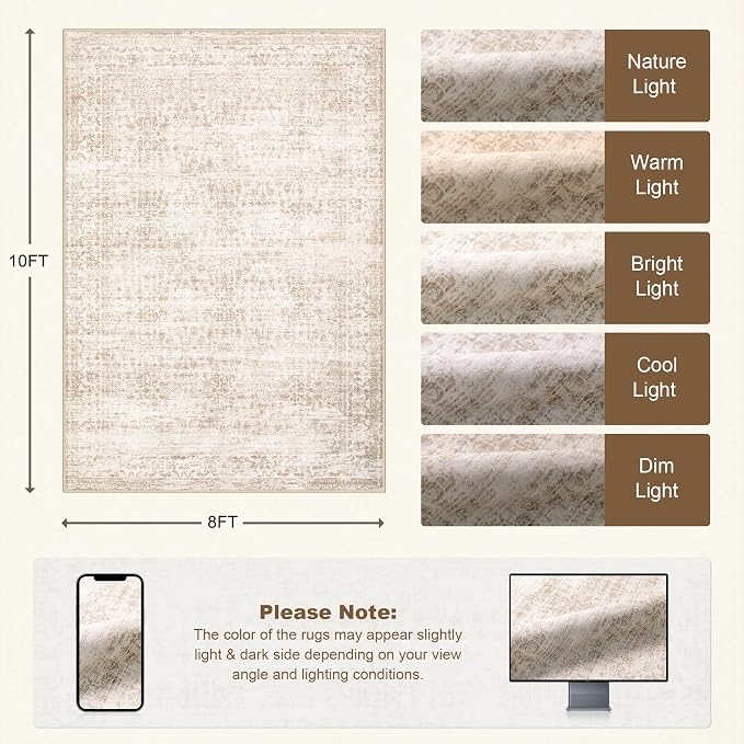 8x10 Area Rugs Living Room: Washable Rug for Bedroom Beige Brown | Boho No Slip Stain Resistant Rug Soft Indoor Decor Floor Floral Area Rugs for Dining Room, Nursery, Hallway, Home Office