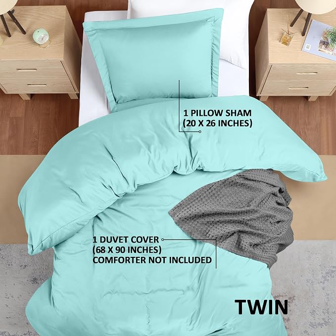 Duvet Cover Twin, 3 PC Cotton Like Polyester, Zipper Closure, Spa Blue | Extra Soft and Breathable, Wrinkle & Fade Resistant, Includes Duvet Cover and 1 Pillow Sham, Comforter Not Included, OekoTex