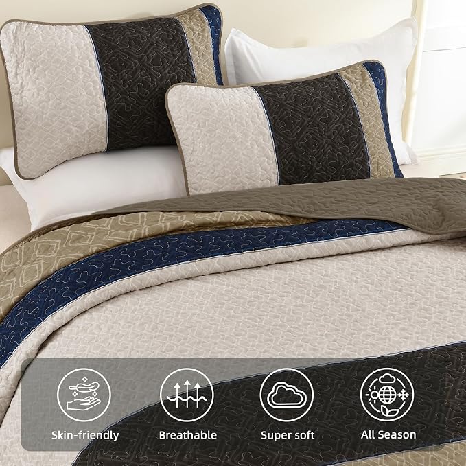 Cottolester Quilt Set Full,Brown Blue Striped Plaid Bedspread Coverlet Set | Lightweight Coverlets Set with 2 PillowShams,All Seasons Microfiber Boho Quilt Bedding Sets for Bedroom Guest Room 78"x90"