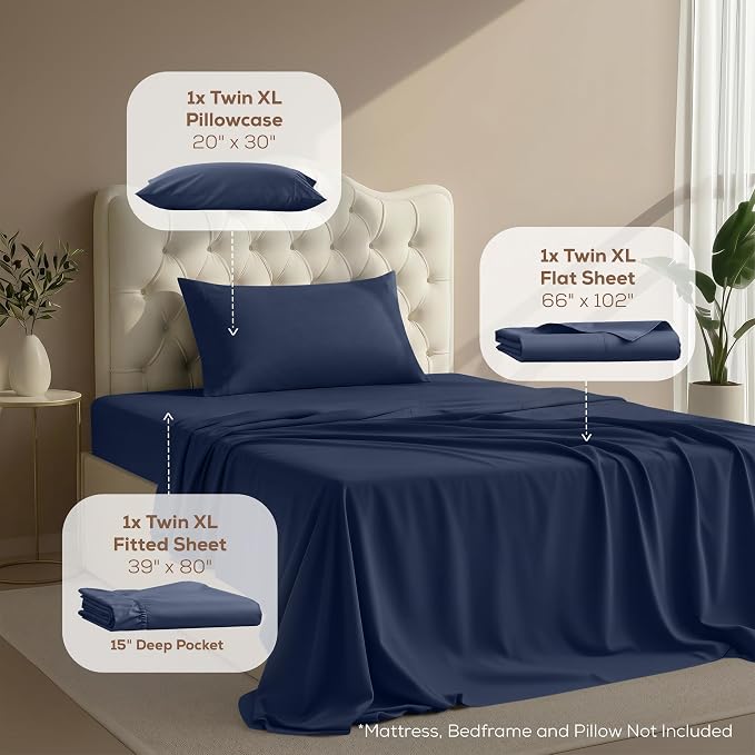 Twin XL Sheets Set, 3 Pieces 16" Deep Pocket Hotel Luxury Sheets, Navy Blue | Extra Soft Bedsheet Set, Comfy & Breathable Cooling Sheets, Wrinkle & Fade Resistant, Fitted Sheet, Flat Sheet, 1 Pillowcase