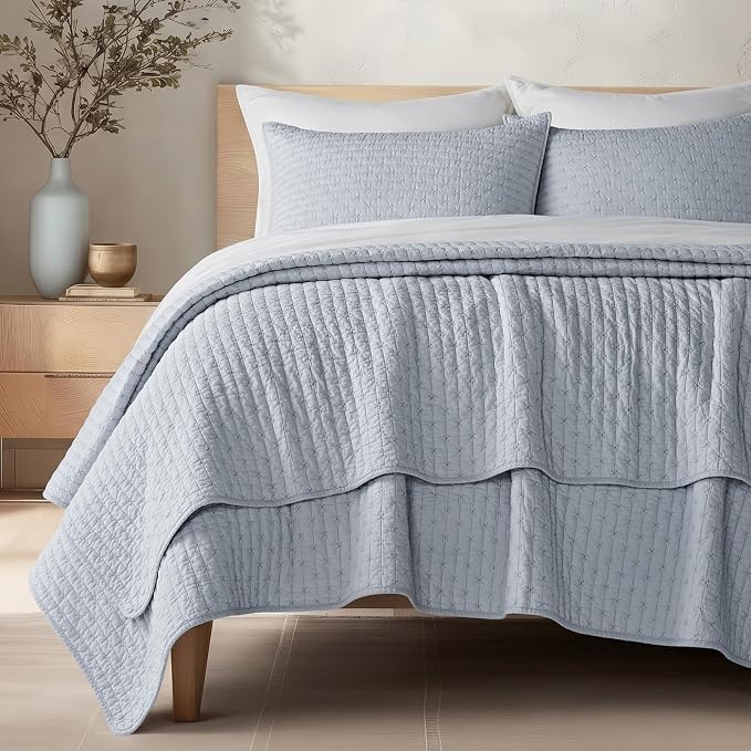 100% Cotton Cross Stitch 3-Piece Quilt Set, Queen, Powder Blue | 100% Cotton, Elegant Cross Stitch, Soft & Breathable, Prewashed Softness, Oversized Design, OEKO-TEX® Certified