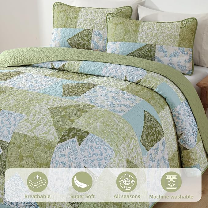 Mybedsoul Boho Quilt King Size, Patchwork Bedding Set, Sage Green | Soft Lightweight Microfiber Floral Coverlet Set, 3 Pieces Plaid Reversible Bedspread, Bed Sets for All Seasons 90"x110"