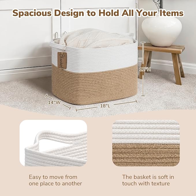 Goodpick 50L Large Woven Rope Storage Basket for Organizing, Jute | 18" × 14" × 12" Decorative Gift Basket for Nursery & Bedroom Organization, Fits Toys, Blankets & Kids Essentials Storage