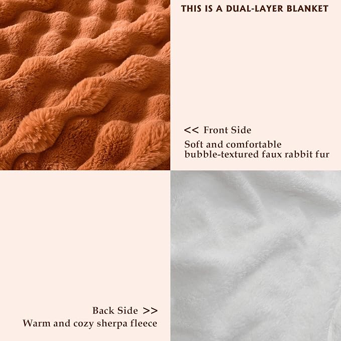 60x80 Inches Ultra-Soft Fuzzy Faux Fur Plush Twin Size Blanket - Thick, Warm Sherpa for Couch, Sofa, Bedroom, Camping - Decorative Blanket for Cozy Warmth, Bubble Rust