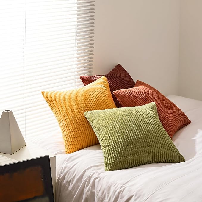 Topfinel Throw Pillow Cover 4pc Set - Multi Yellow Burnt Orange Combo - 22" x 22" Solid Cozy Corduroy Square Accent Decorative Cushion Case for Couch Sofa Chair Bed